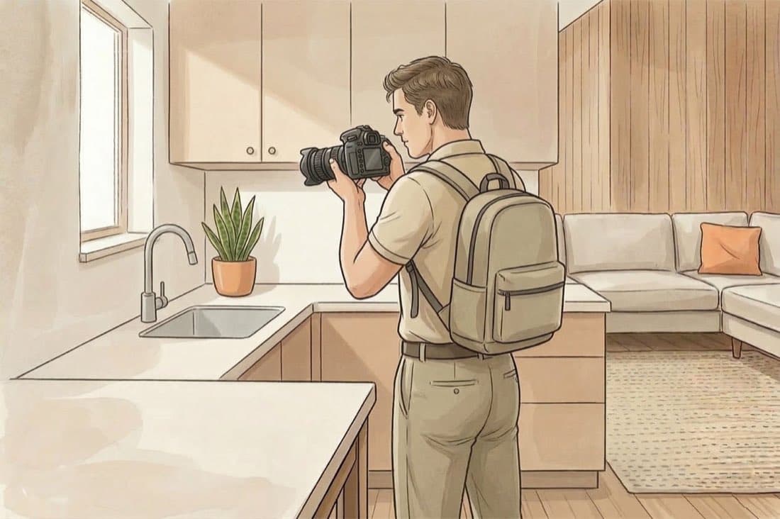 Illustration of a trained scout photographing the inside of an apartment